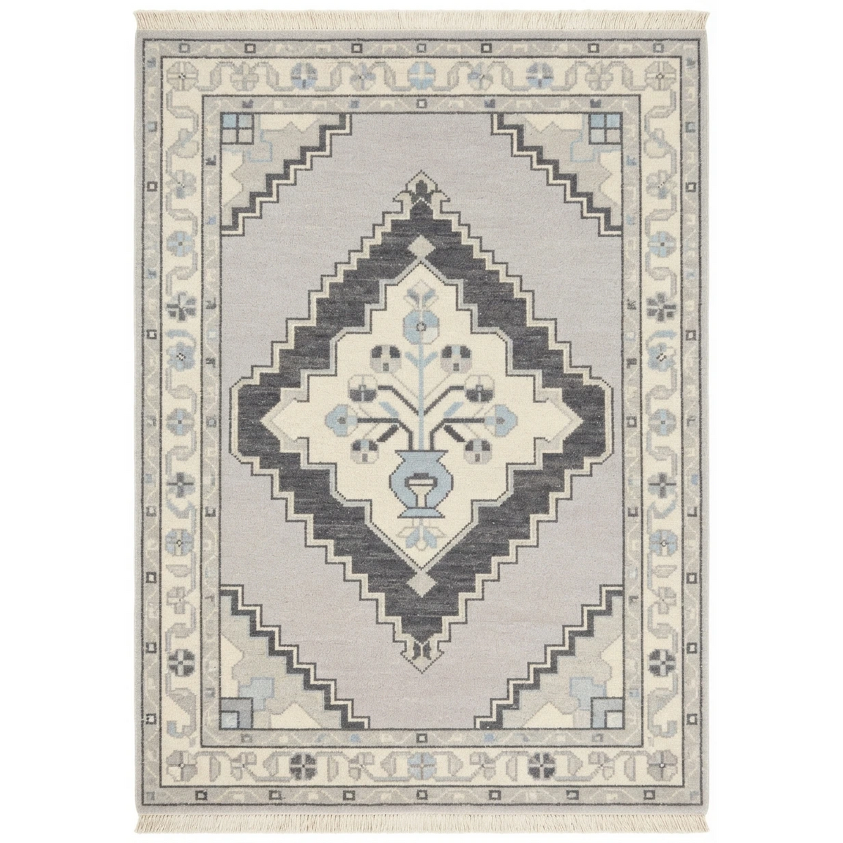 Lavender Grey Hand-Knotted Rug with Charcoal Diamond Medallion - studio photo
