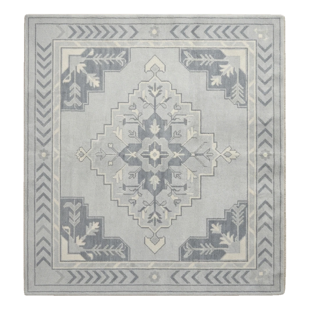 Light Blue and Slate Grey Medallion Hand-Knotted Rug with Chevron Border - alternate view