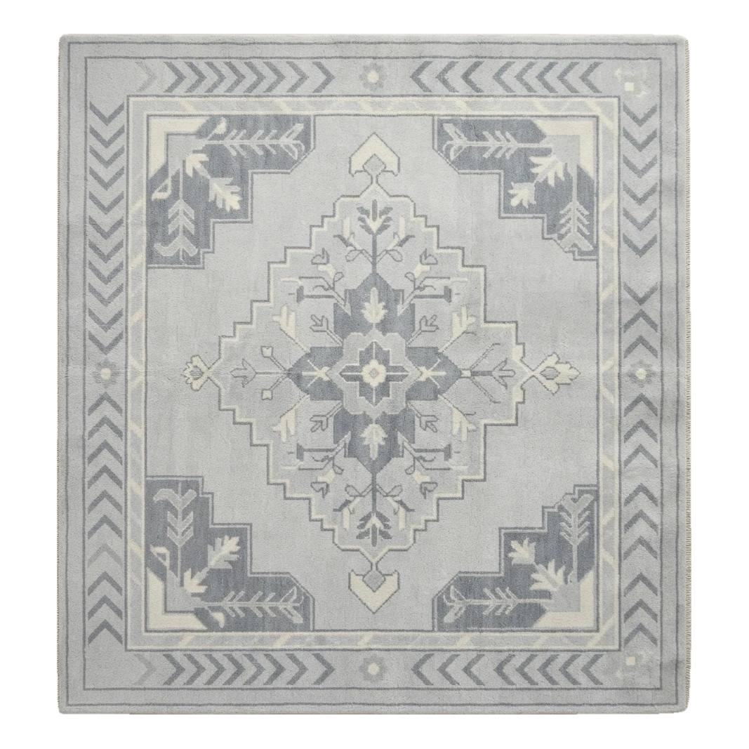 Light Blue and Slate Grey Medallion Hand-Knotted Rug with Chevron Border - alternate view