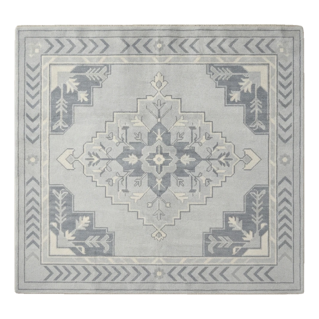 Light Blue and Slate Grey Medallion Hand-Knotted Rug with Chevron Border
