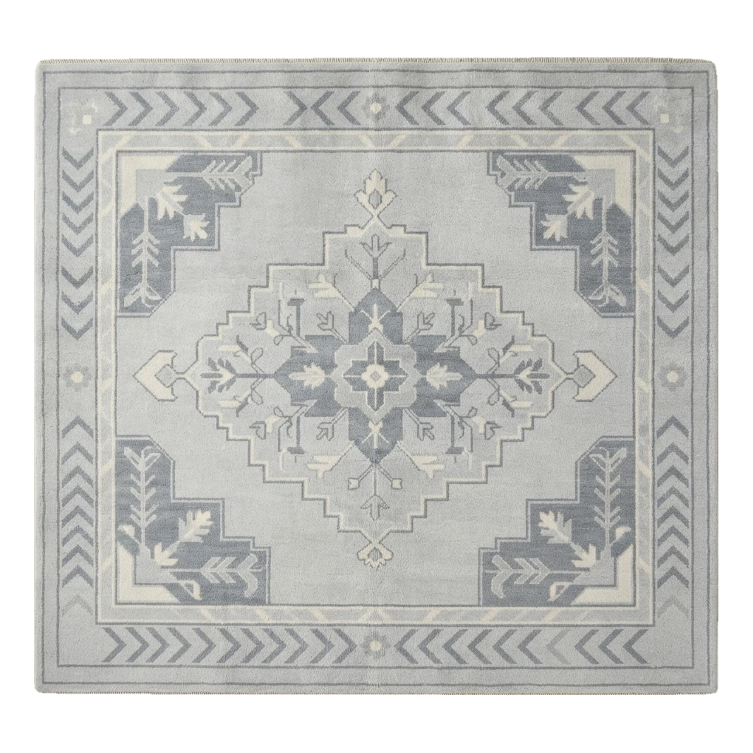 Light Blue and Slate Grey Medallion Hand-Knotted Rug with Chevron Border