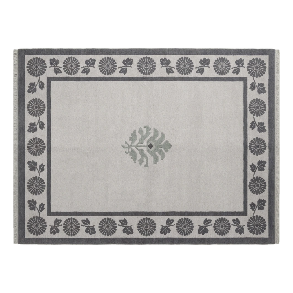 Light Grey Hand-Knotted Rug with Charcoal Chrysanthemum Border - alternate view