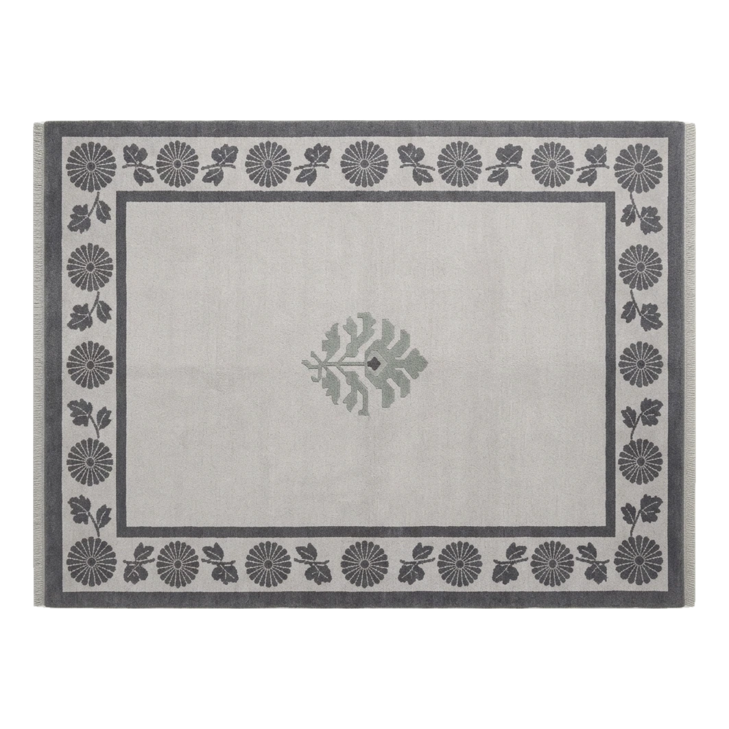 Light Grey Hand-Knotted Rug with Charcoal Chrysanthemum Border - alternate view