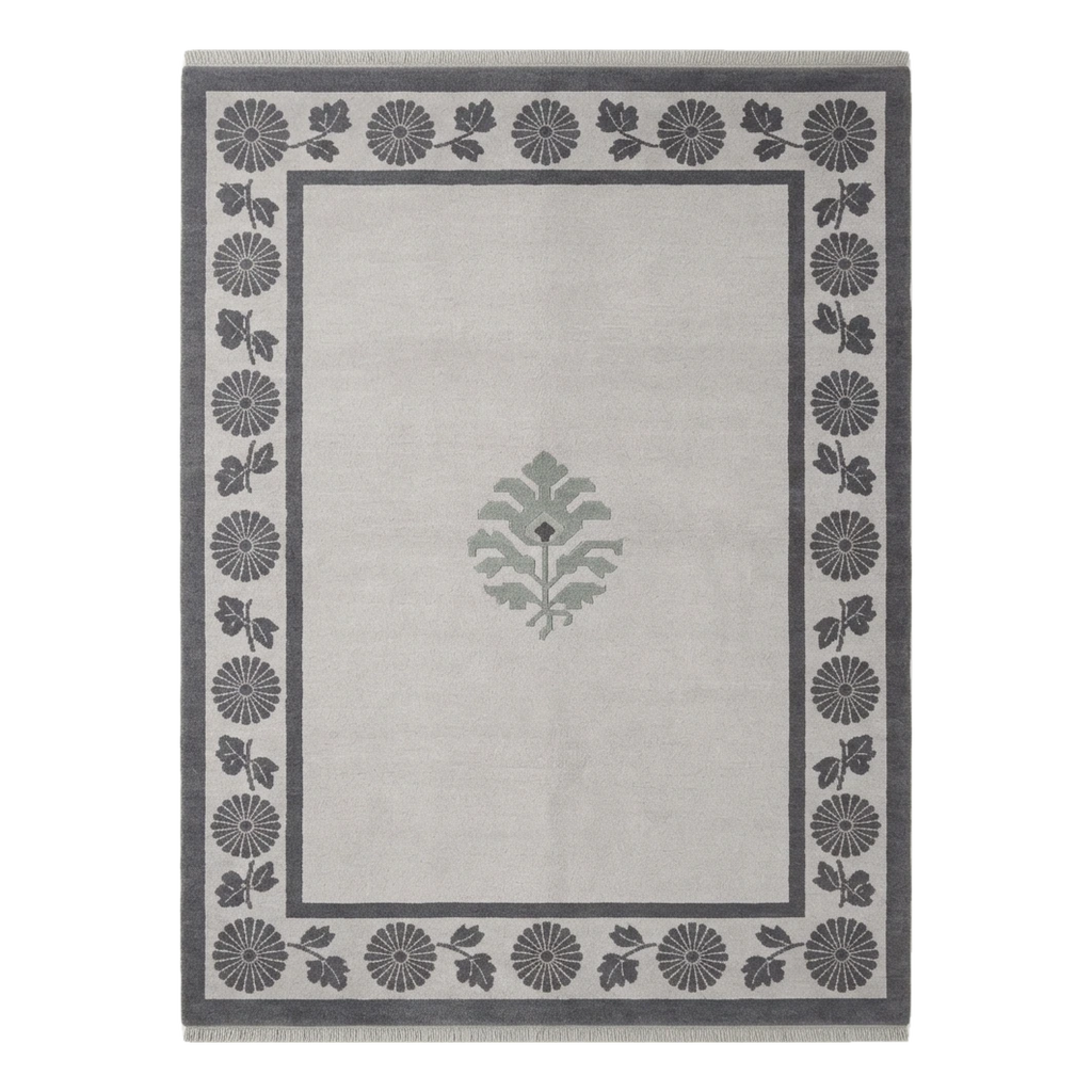 Light Grey Hand-Knotted Rug with Charcoal Chrysanthemum Border