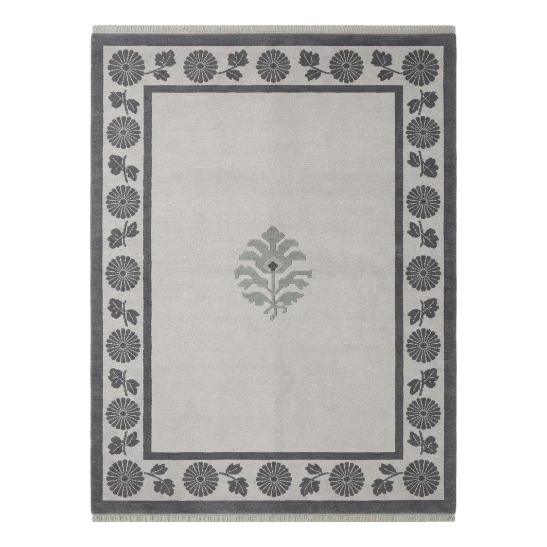 Light Grey Hand-Knotted Rug with Charcoal Chrysanthemum Border