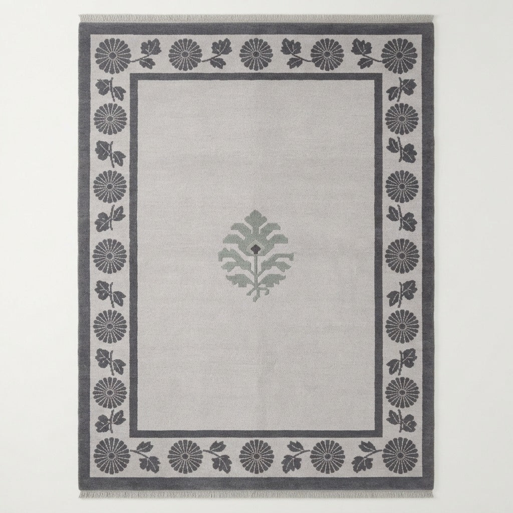 Light Grey Hand-Knotted Rug with Charcoal Chrysanthemum Border - studio photo