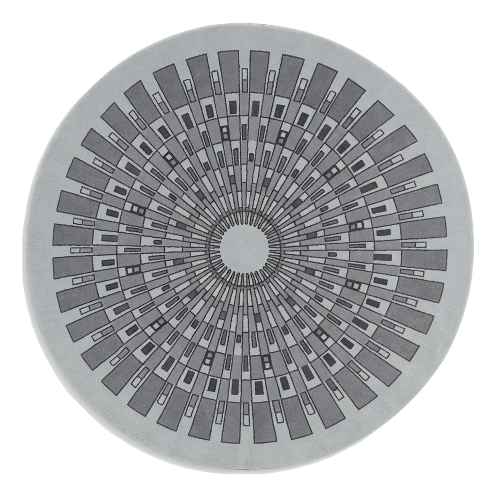 Light Grey Round Hand-Tufted Rug with Charcoal Art Deco Sunburst - alternate view