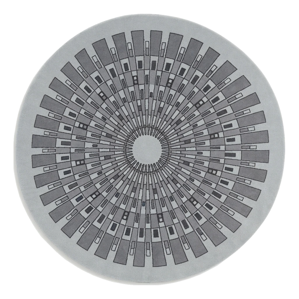 Light Grey Round Hand-Tufted Rug with Charcoal Art Deco Sunburst - alternate view