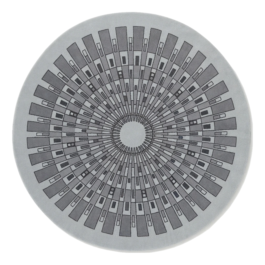 Light Grey Round Hand-Tufted Rug with Charcoal Art Deco Sunburst