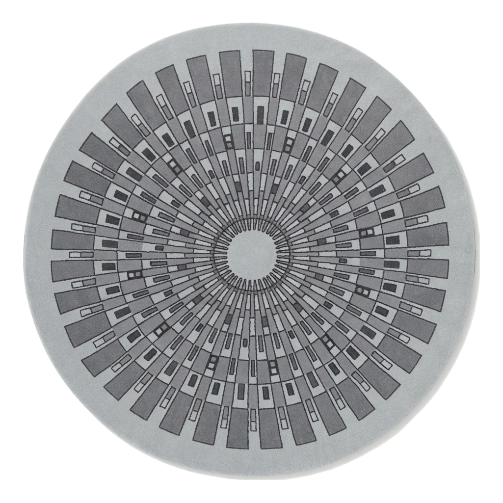 Light Grey Round Hand-Tufted Rug with Charcoal Art Deco Sunburst