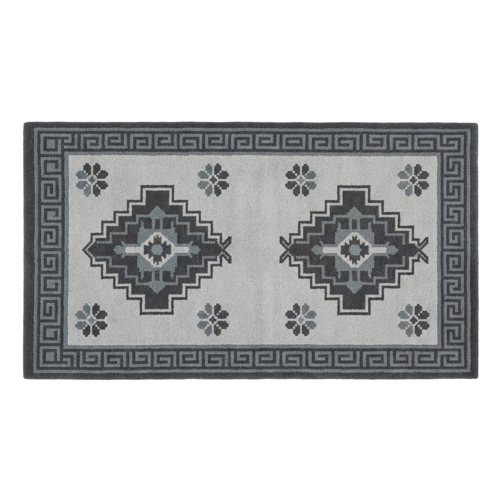 Light Grey Tribal Diamond Hand-Tufted Runner with Charcoal Greek Key Border - alternate view