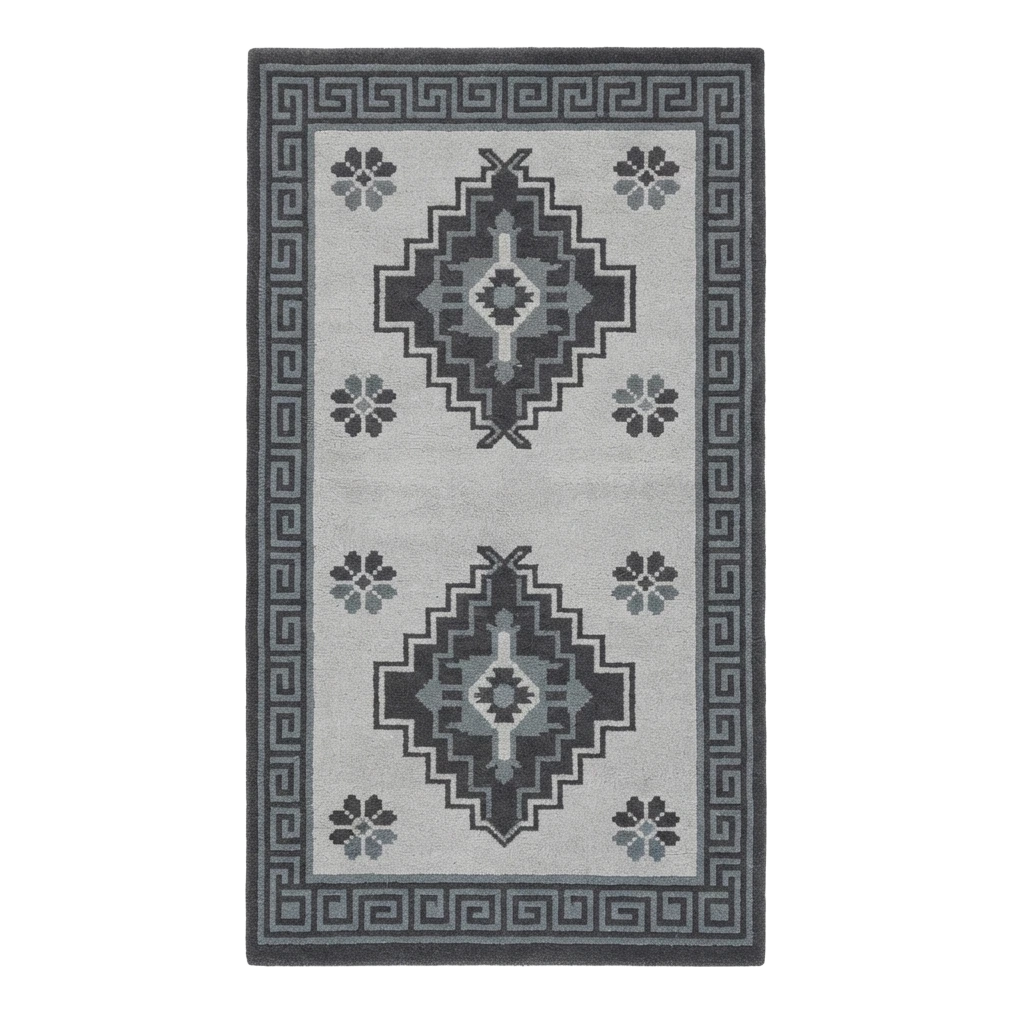 Light Grey Tribal Diamond Hand-Tufted Runner with Charcoal Greek Key Border