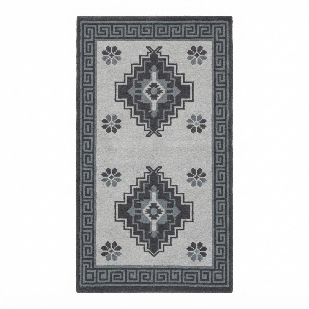 Light Grey Tribal Diamond Hand-Tufted Runner with Charcoal Greek Key Border - studio photo