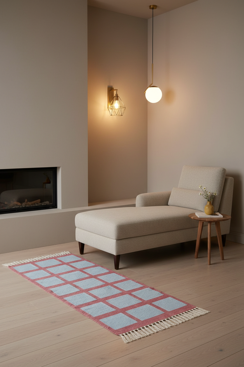 A modern living room scene featuring a light beige chaise lounge chair next to a small wooden side table with a vase of flowers, a pink and blue patterned rug on a light wood floor, and a minimalist fireplace in the background.