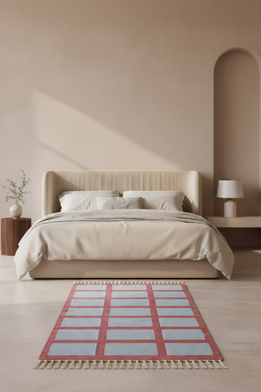 A rectangular area rug with a red grid pattern and cream fringe is styled on a light wood floor in front of a beige bed in a minimalist, warm-toned bedroom.