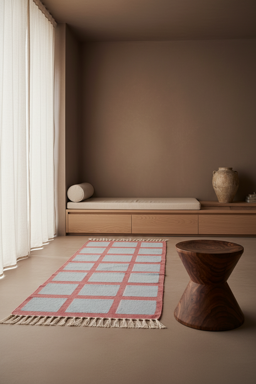 A rectangular area rug with a pink and light blue grid pattern and cream fringe, styled in a minimalist, warm-toned room with a wooden bench, stool, and neutral walls.