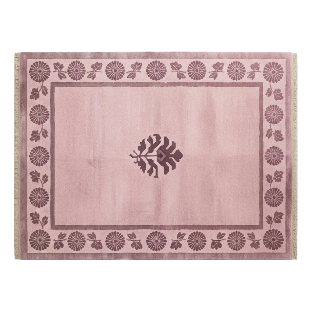 Mauve Pink Hand-Knotted Rug with Plum Chrysanthemum Border - alternate view