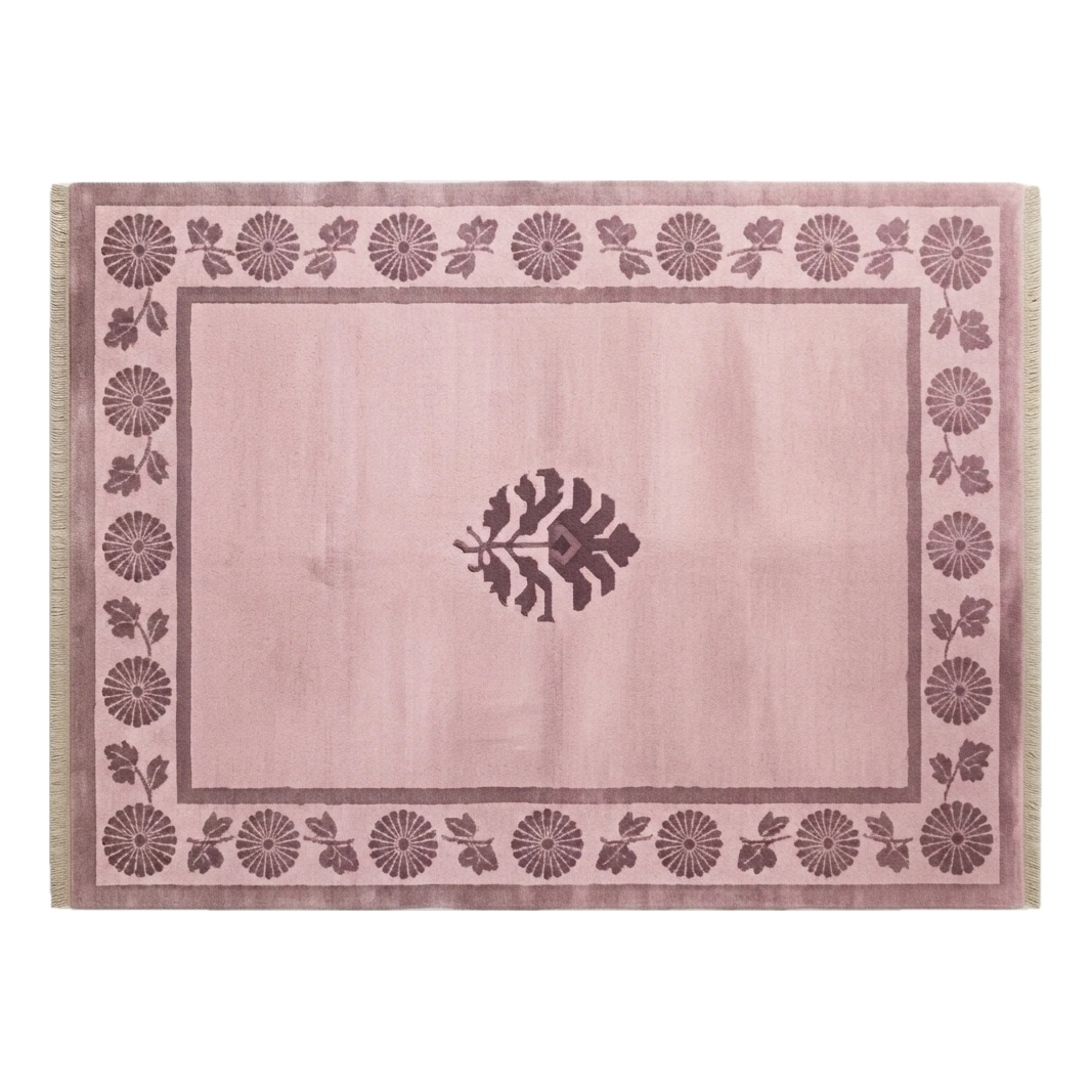 Mauve Pink Hand-Knotted Rug with Plum Chrysanthemum Border - alternate view