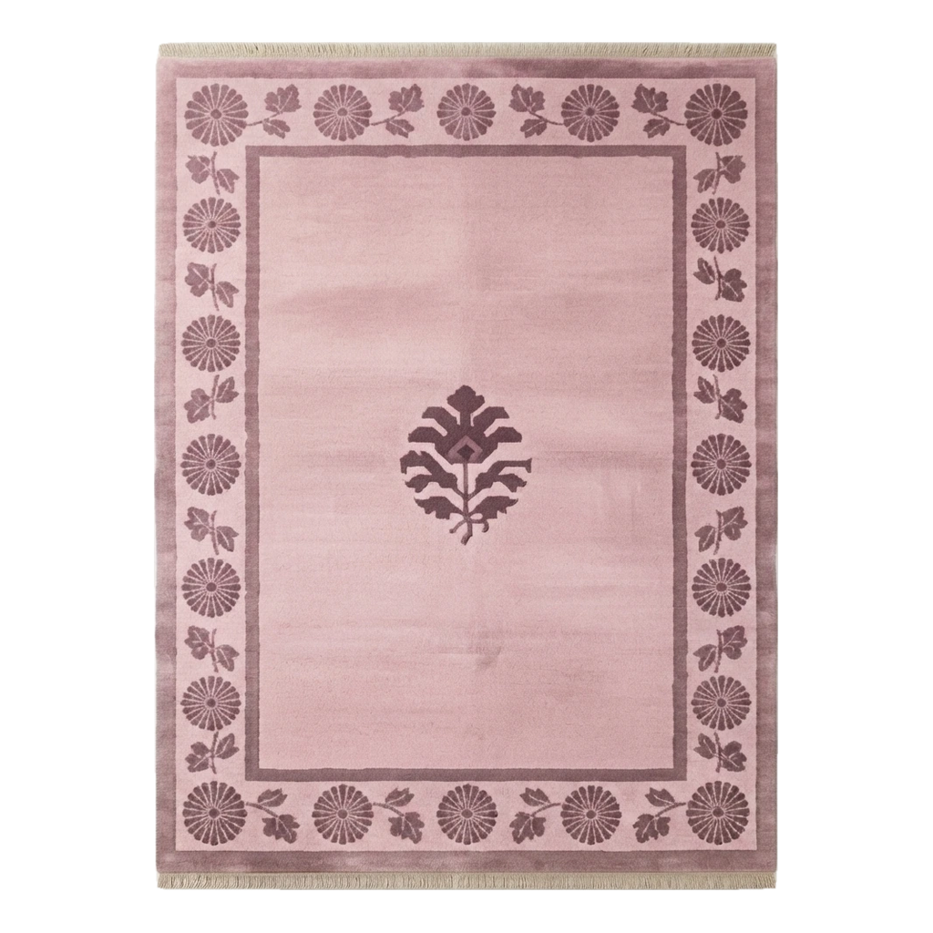 Mauve Pink Hand-Knotted Rug with Plum Chrysanthemum Border