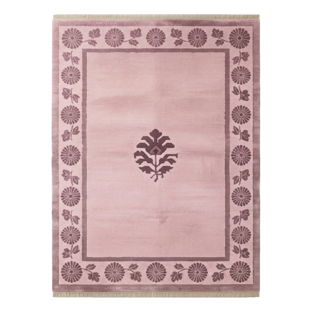 Mauve Pink Hand-Knotted Rug with Plum Chrysanthemum Border