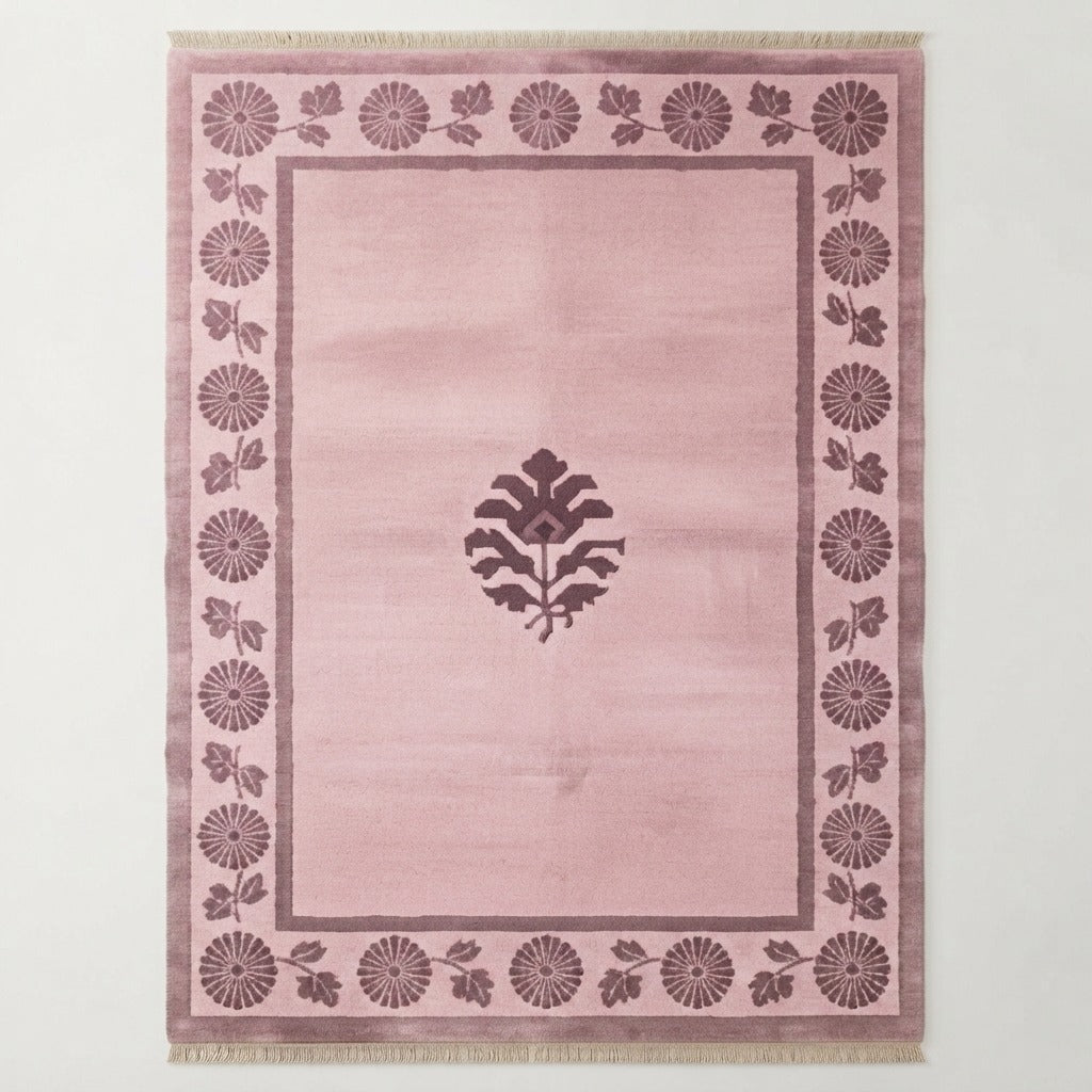 Mauve Pink Hand-Knotted Rug with Plum Chrysanthemum Border - studio photo