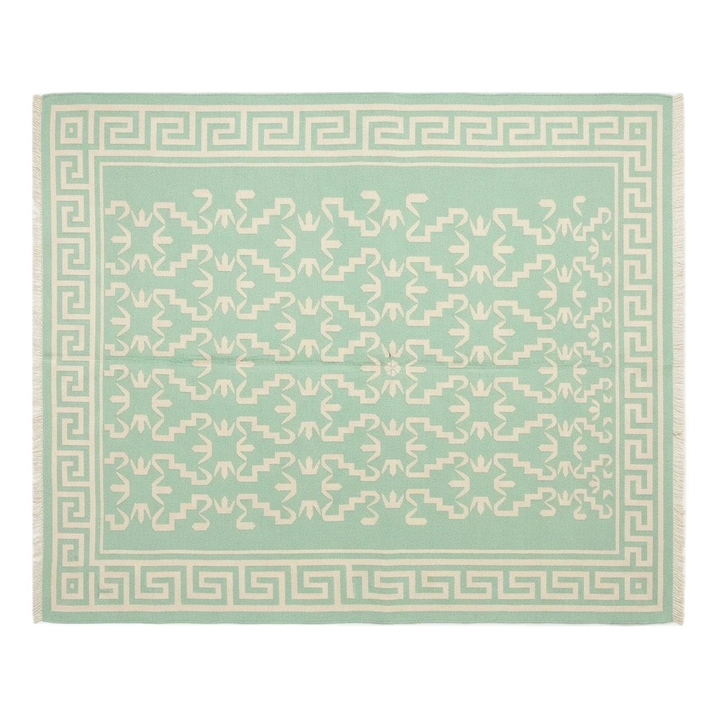 Mint Green Cotton Flat Weave Rug with Ivory Greek Key Border - alternate view
