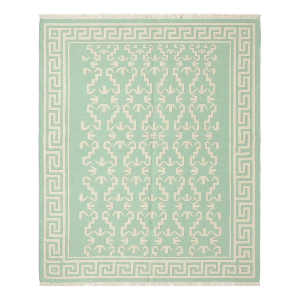 Mint Green Cotton Flat Weave Rug with Ivory Greek Key Border