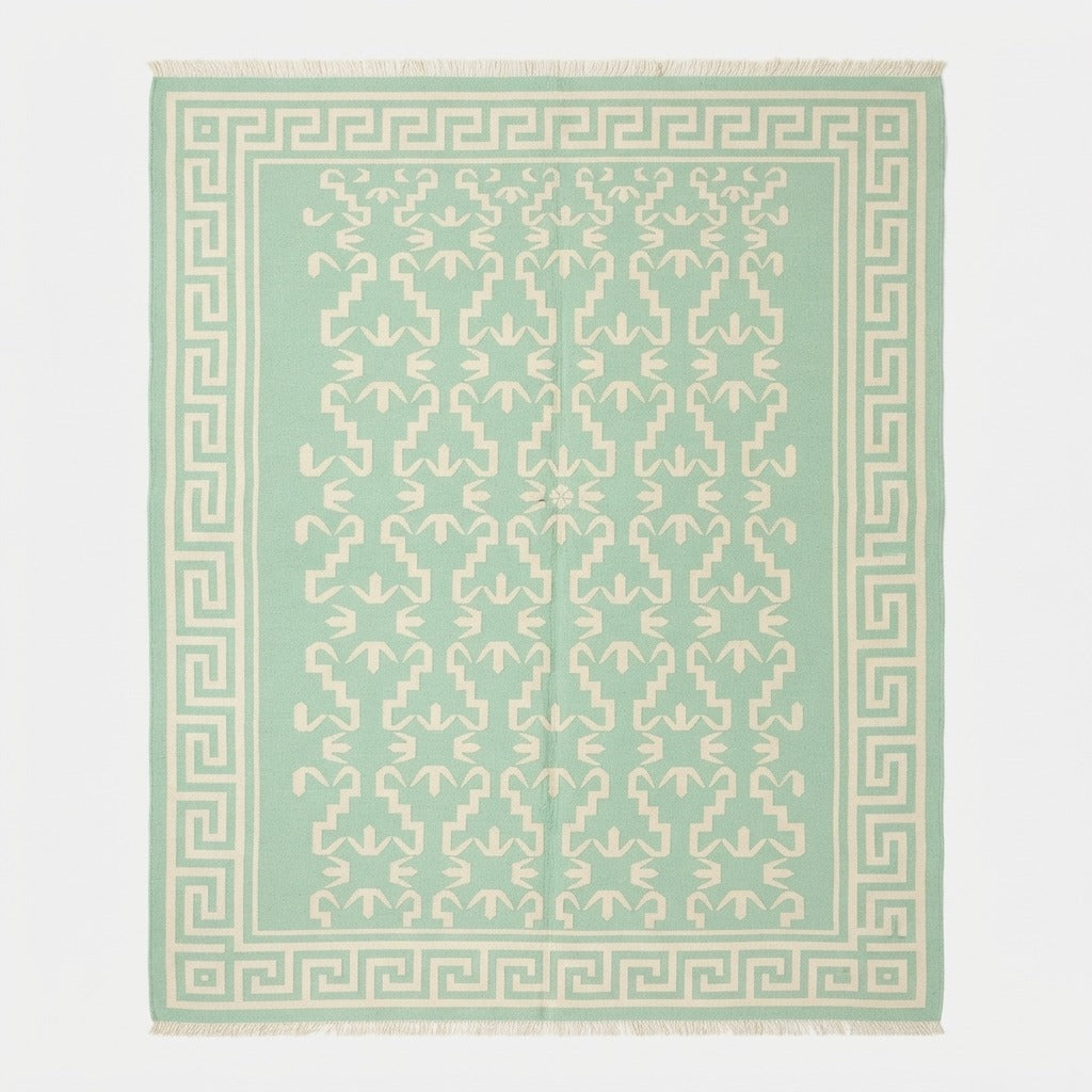 Mint Green Cotton Flat Weave Rug with Ivory Greek Key Border - studio photo