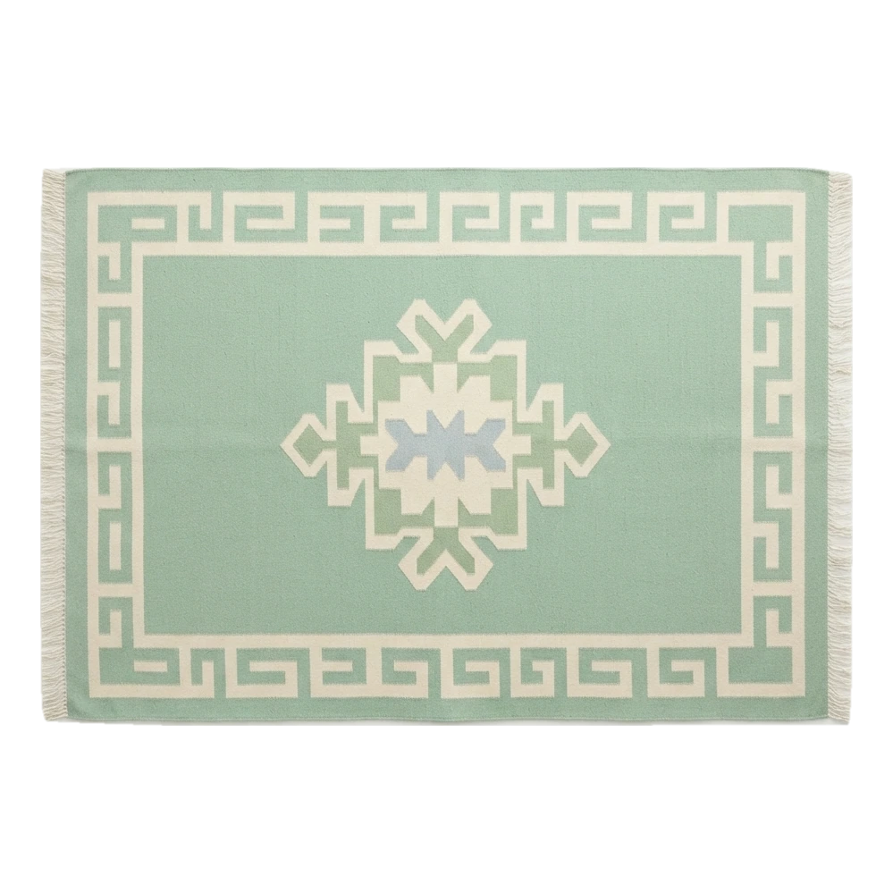 Mint Green Cotton Flat Weave Rug with Ivory Tribal Medallion - alternate view