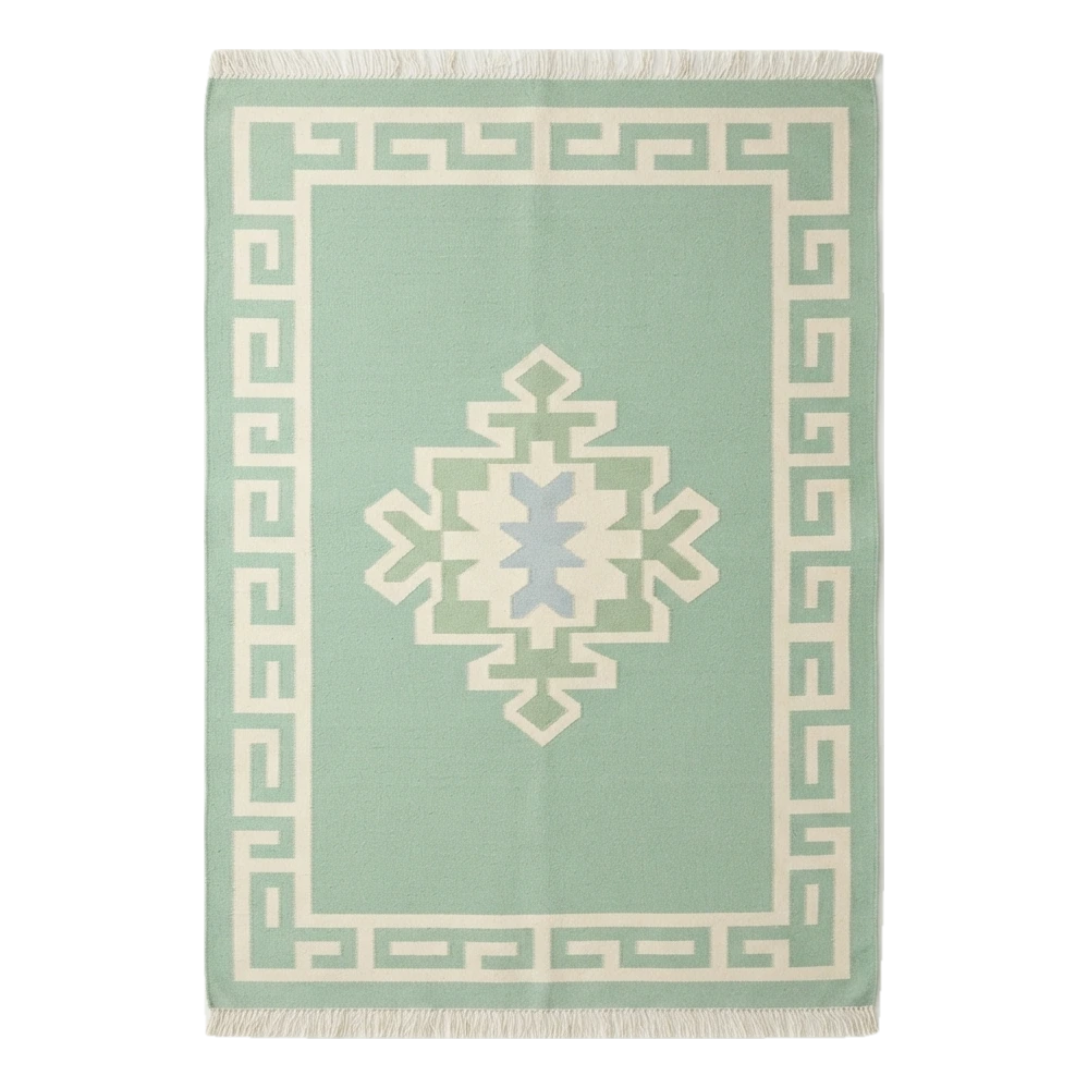 Mint Green Cotton Flat Weave Rug with Ivory Tribal Medallion
