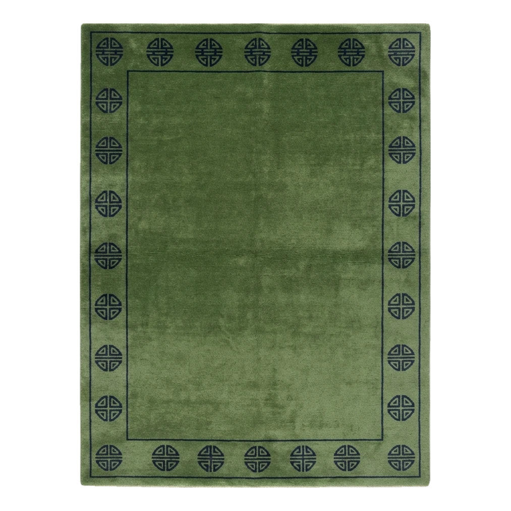Moss Green Hand-Knotted Rug with Charcoal Shou Medallion Border