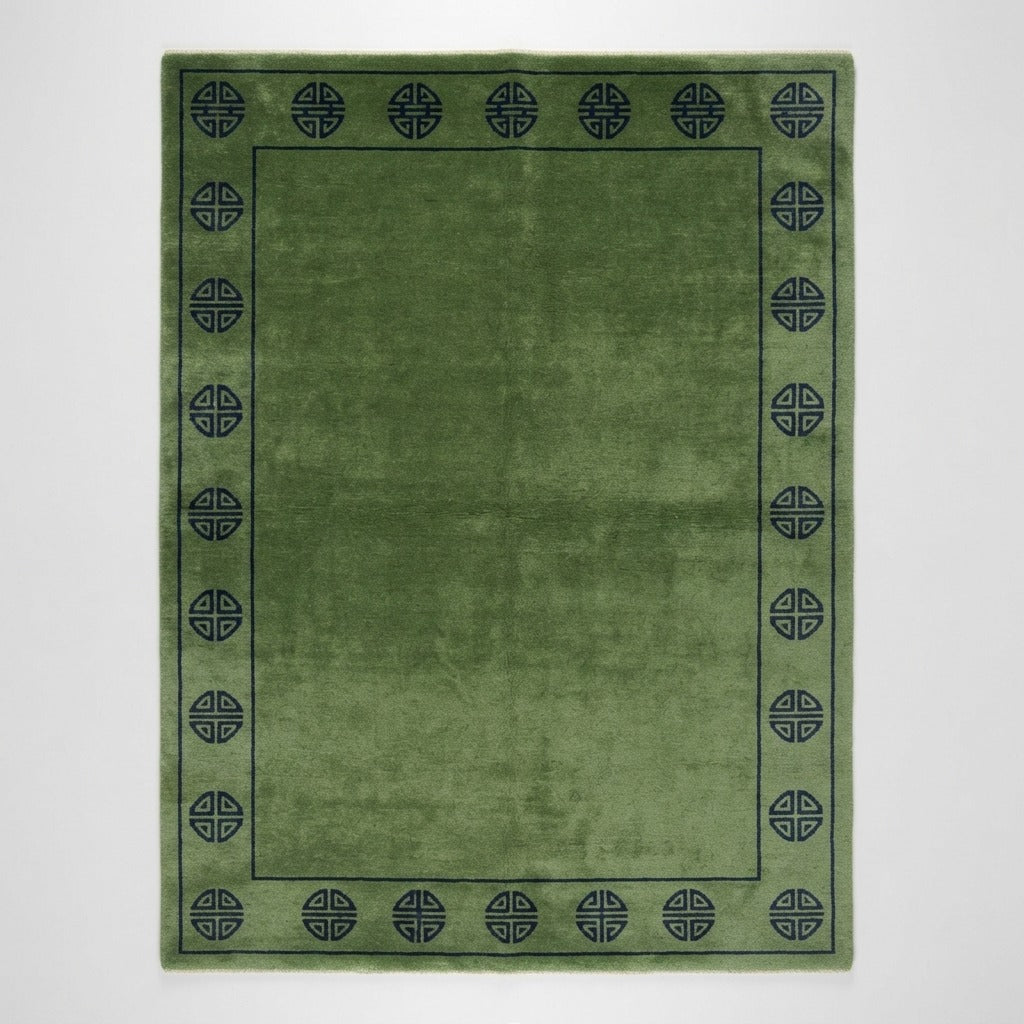 Moss Green Hand-Knotted Rug with Charcoal Shou Medallion Border - studio photo