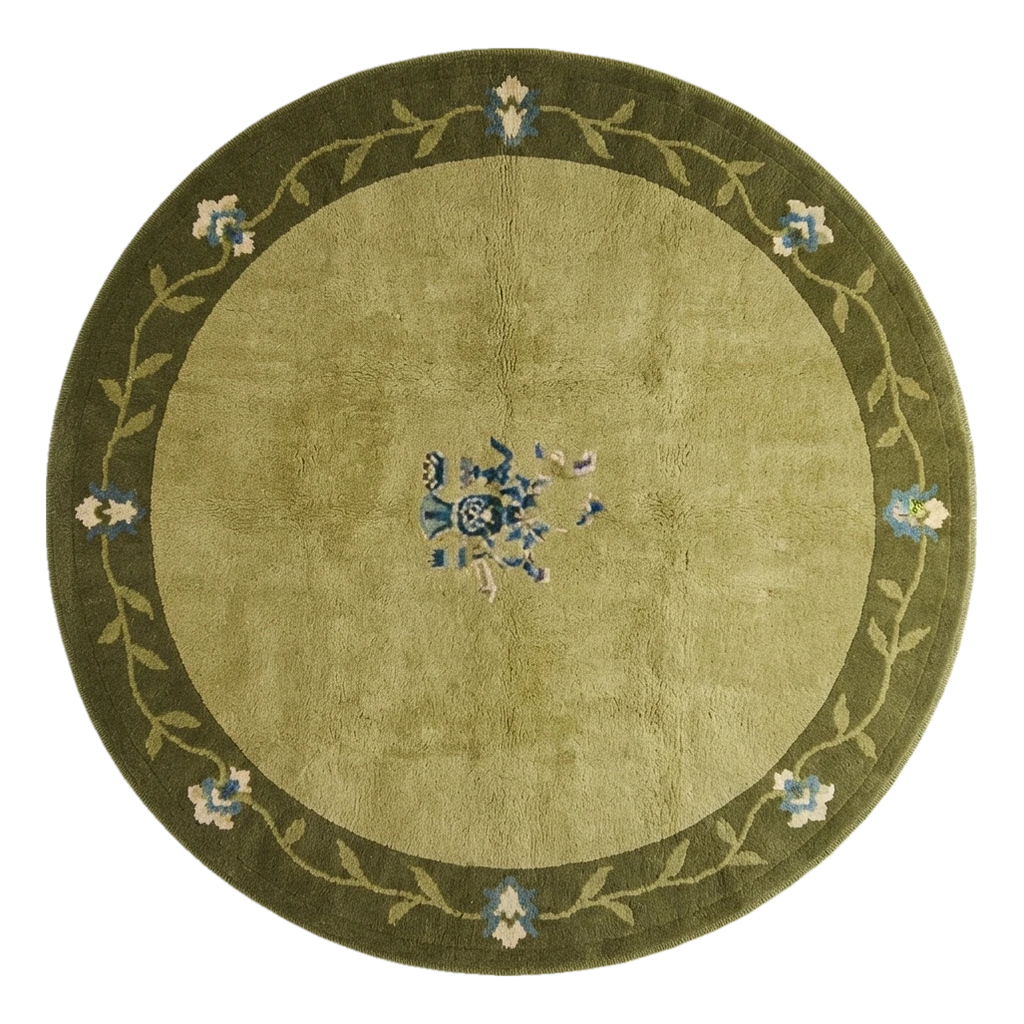 Moss Green Round Hand-Knotted Rug with Olive Floral Vine Border - alternate view
