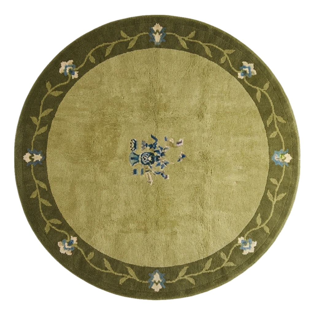Moss Green Round Hand-Knotted Rug with Olive Floral Vine Border - alternate view