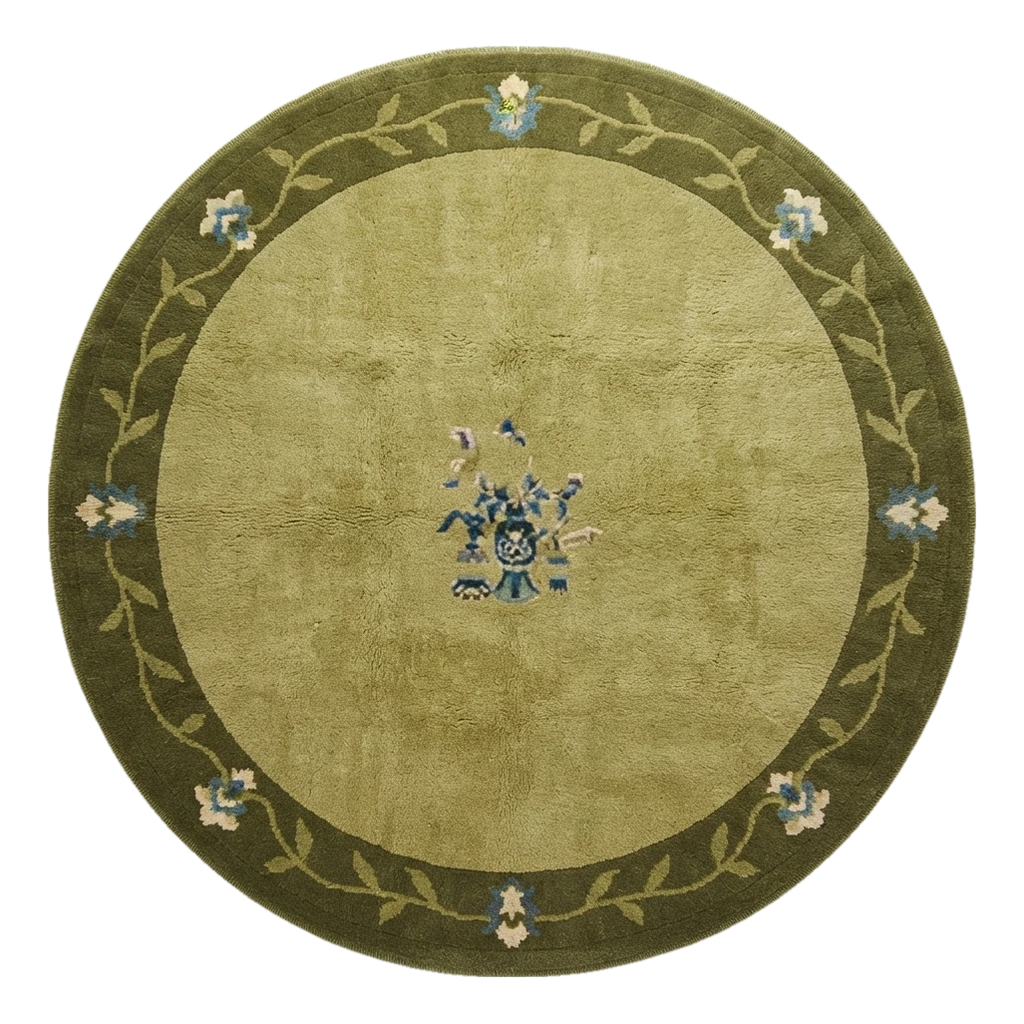 Moss Green Round Hand-Knotted Rug with Olive Floral Vine Border