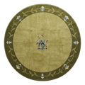 Moss Green Round Hand-Knotted Rug with Olive Floral Vine Border