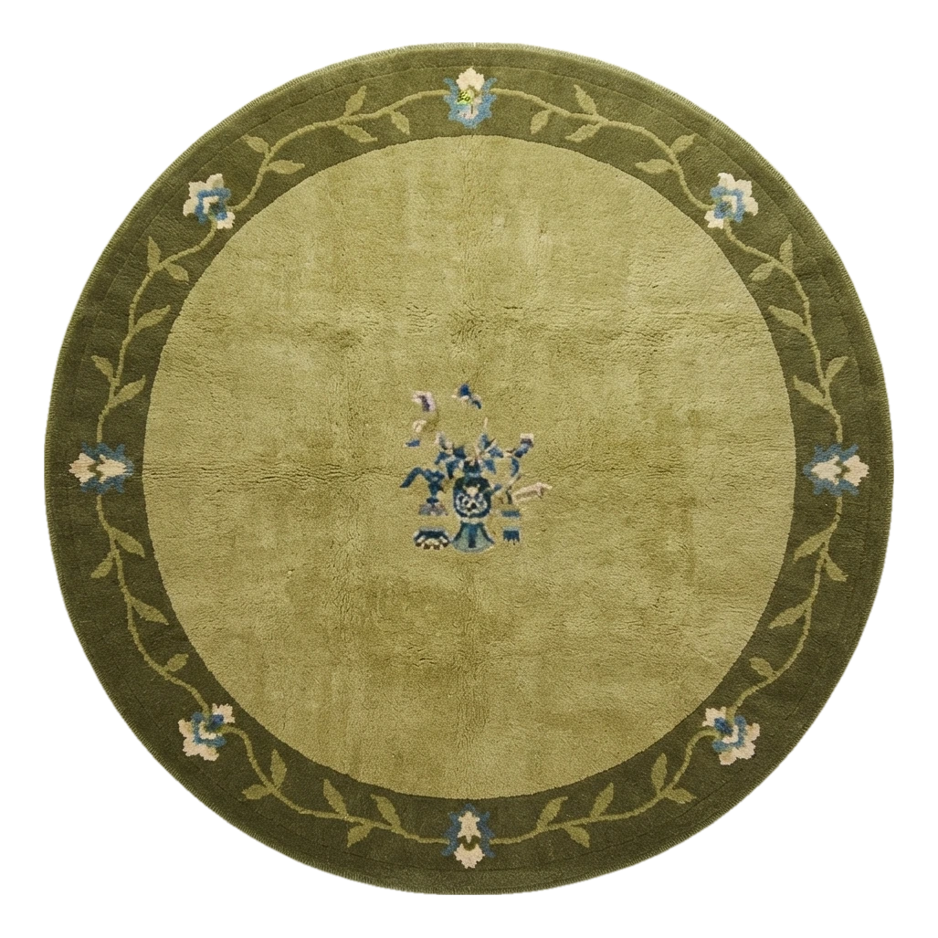 Moss Green Round Hand-Knotted Rug with Olive Floral Vine Border
