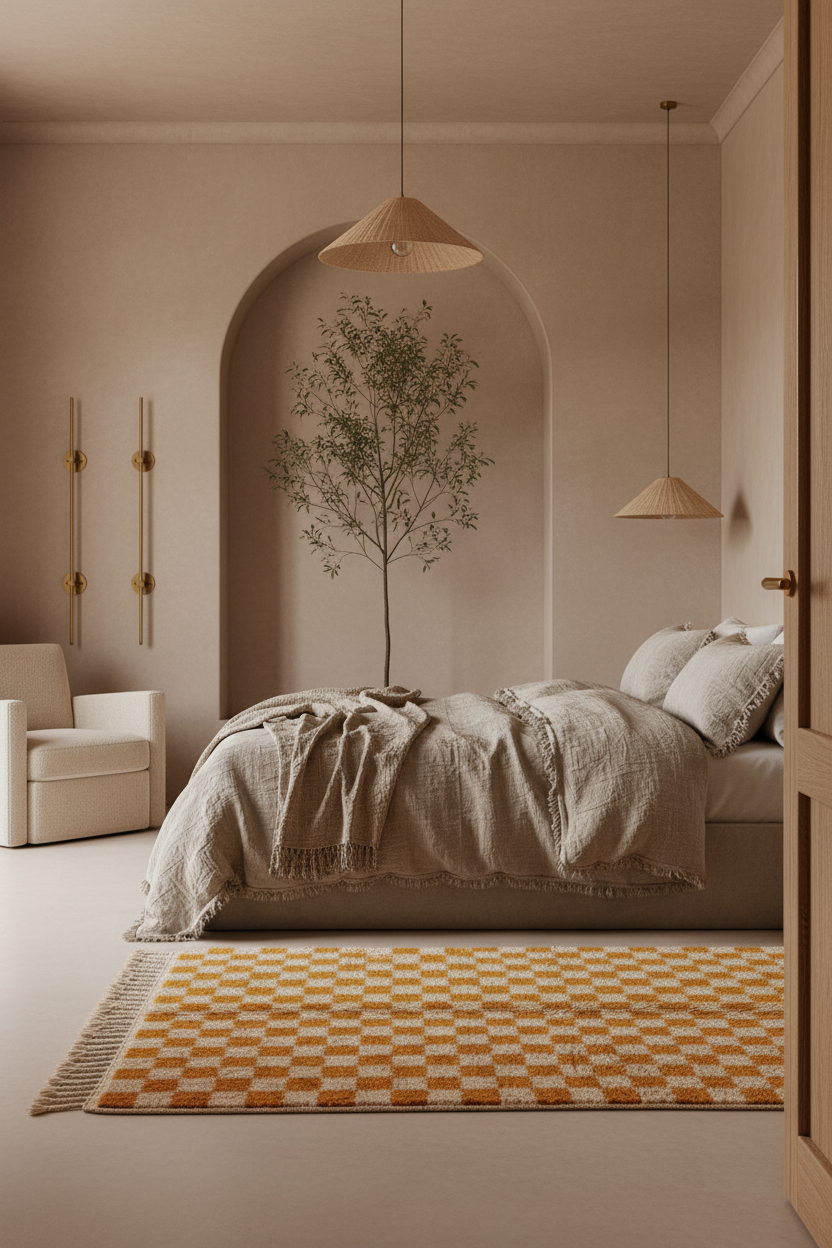A styled bedroom interior with a bed dressed in neutral beige linens, a patterned orange-and-cream rug, pendant lights, and a small tree displayed against an arched wall niche.