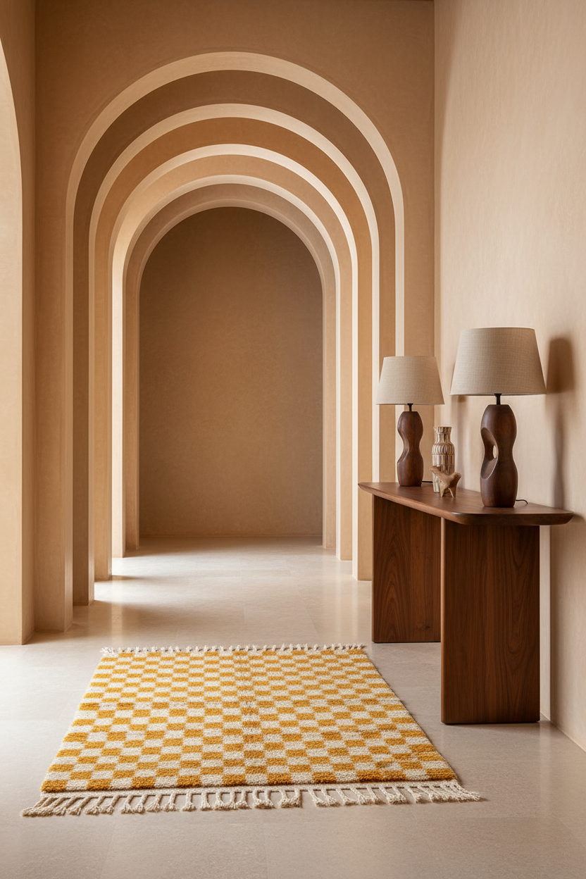 A yellow and cream checkered fringed area rug on a light beige floor in a modern architectural hallway with arches and a wooden console table with lamps.