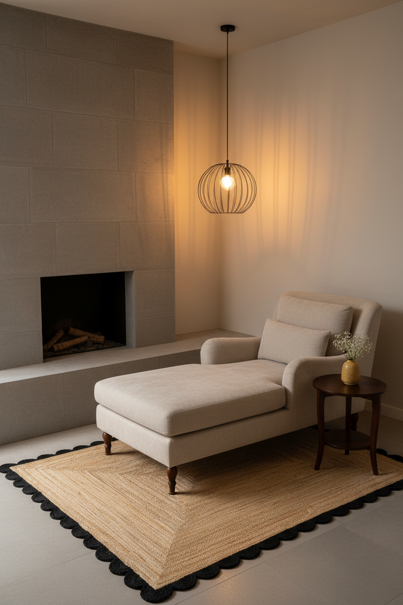 A modern beige chaise lounge chair with a matching cushion, styled in a minimalist living room next to a dark wood side table and a black scalloped jute rug. A warm glowing cage pendant light hangs above, and a stone fireplace is visible in the background.