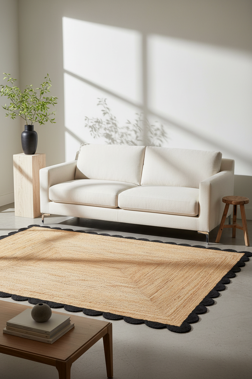 A styled living room scene featuring a cream-colored two-seater sofa, a large natural jute area rug with black scalloped edges, a small wooden stool, and a potted plant on a wooden side table against a white wall with soft window shadows.