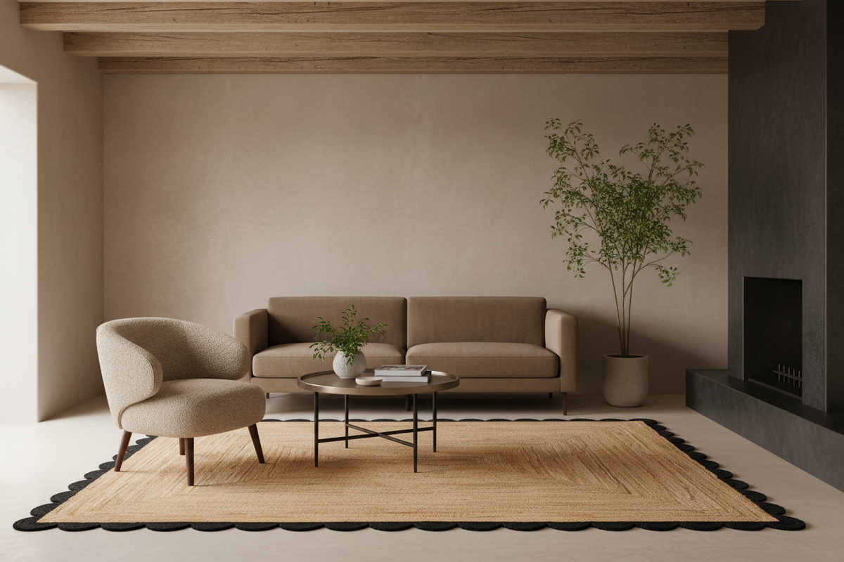 A styled living room scene featuring a beige sofa, a matching armchair, a round coffee table, a large woven area rug with black scalloped trim, and a tall potted plant against a textured beige wall.