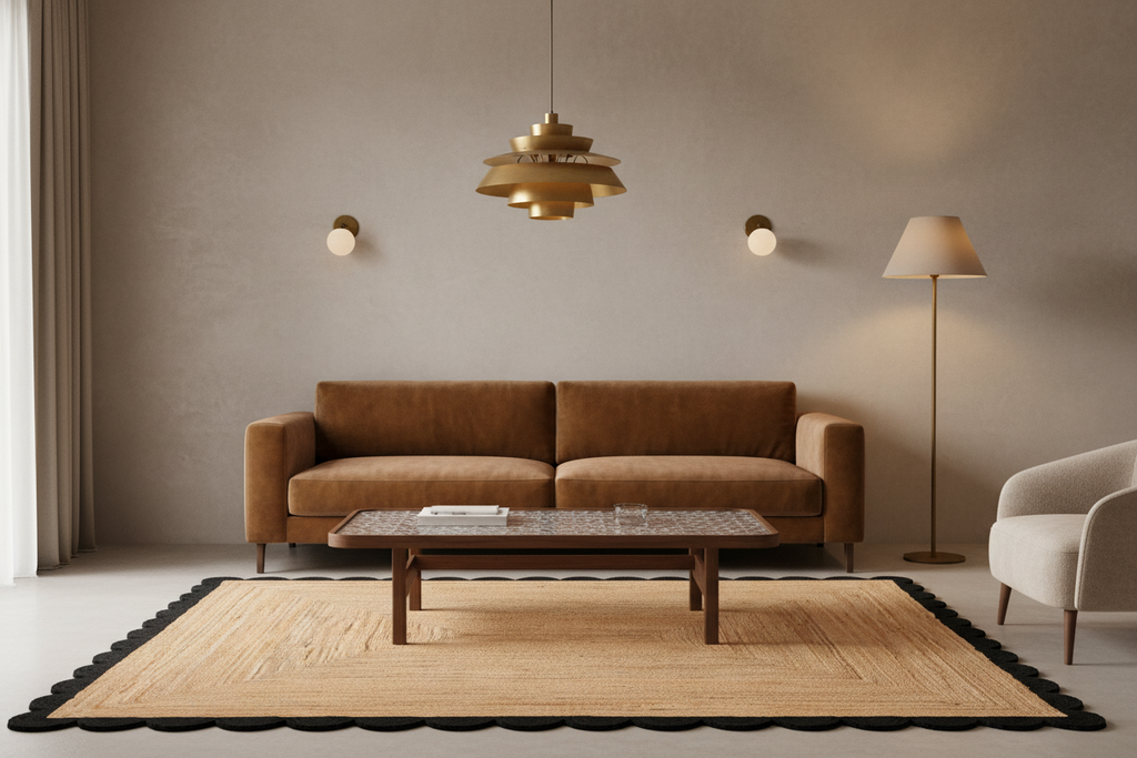 A modern living room scene featuring a brown leather sofa, a low wooden coffee table, a large beige and black scalloped area rug, a floor lamp, and a hanging brass pendant light against a textured beige wall.
