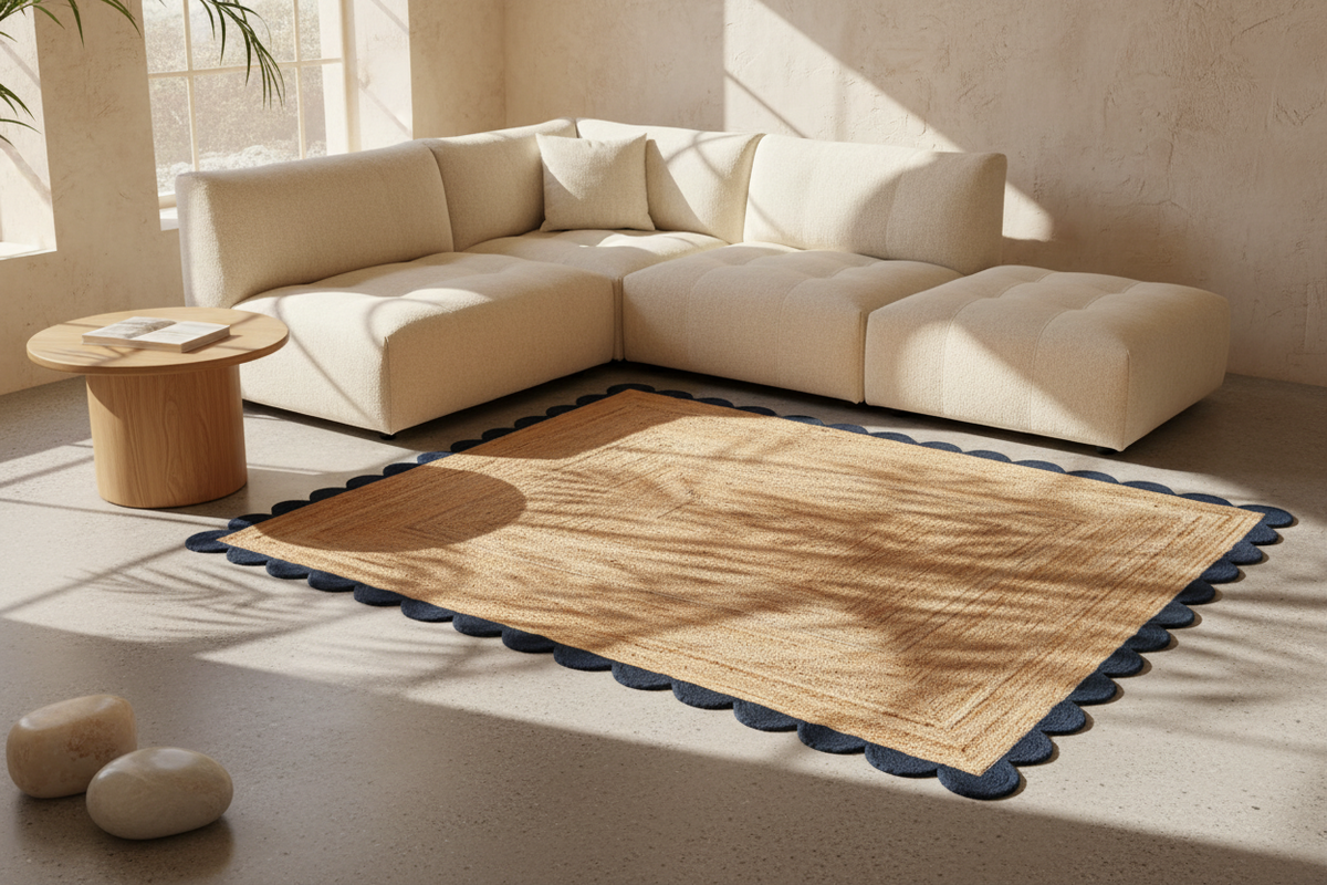 A large rectangular natural fiber area rug with a scalloped dark navy blue border, styled in a modern living room setting with a cream sectional sofa and a small wooden side table.