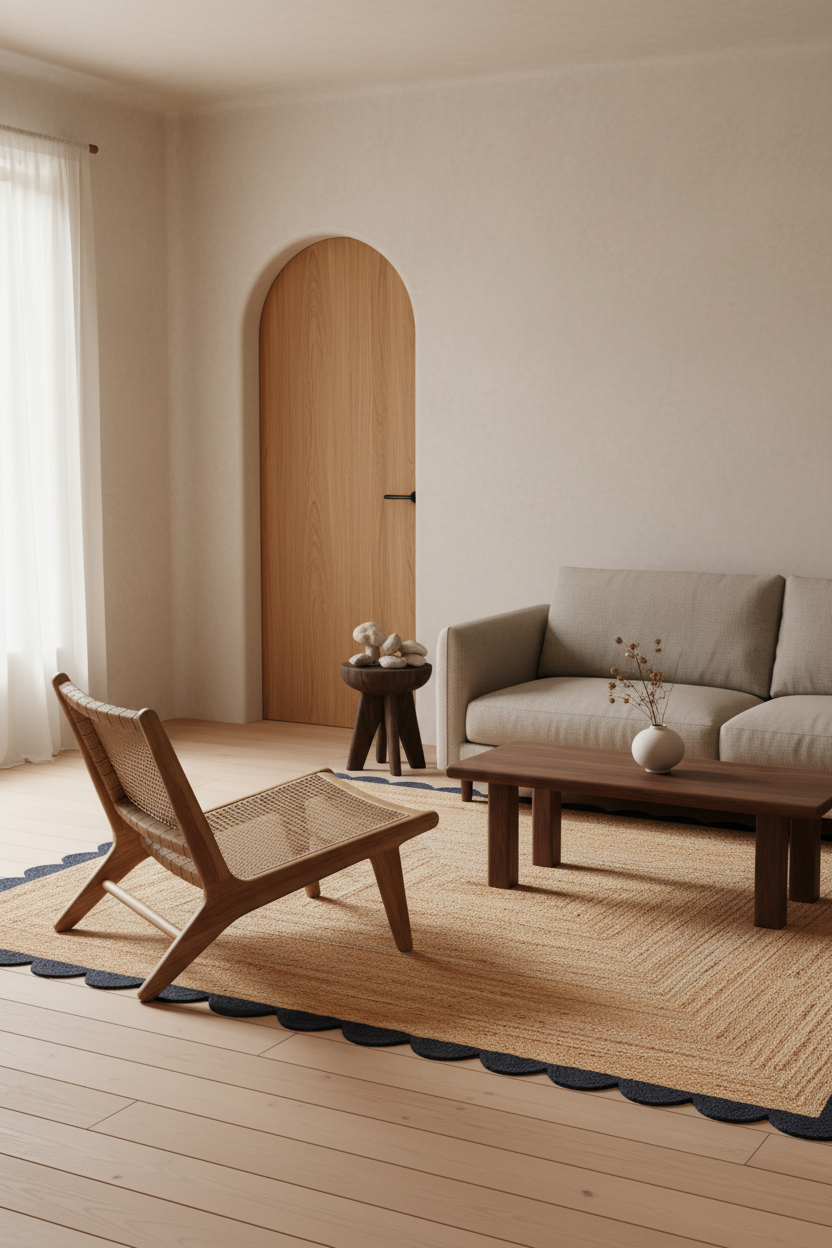 A modern living room scene featuring a woven cane and wood lounge chair, a light beige sofa, a dark wood coffee table, and a large textured beige rug with a scalloped dark blue edge, set against warm beige walls and a light wood arched door.