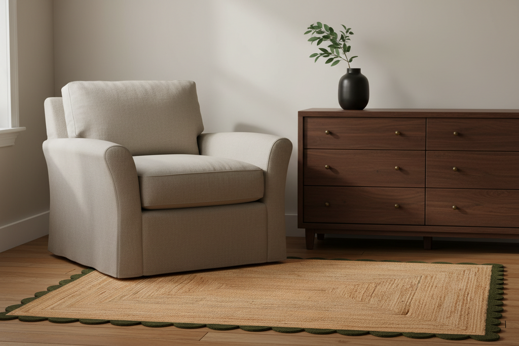 A light beige upholstered armchair sits on a woven natural-fiber rug with green scalloped trim, next to a dark wood dresser with a black vase holding greenery.