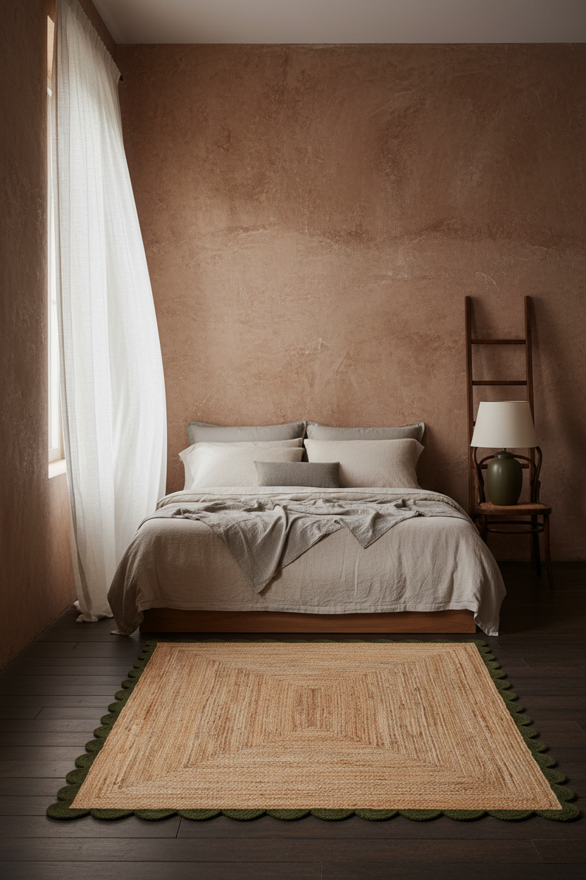 A styled bedroom scene featuring a bed dressed in neutral beige and gray linens, set against a textured warm brown plaster wall. In front of the bed is a natural woven jute rug with a dark green scalloped edge.