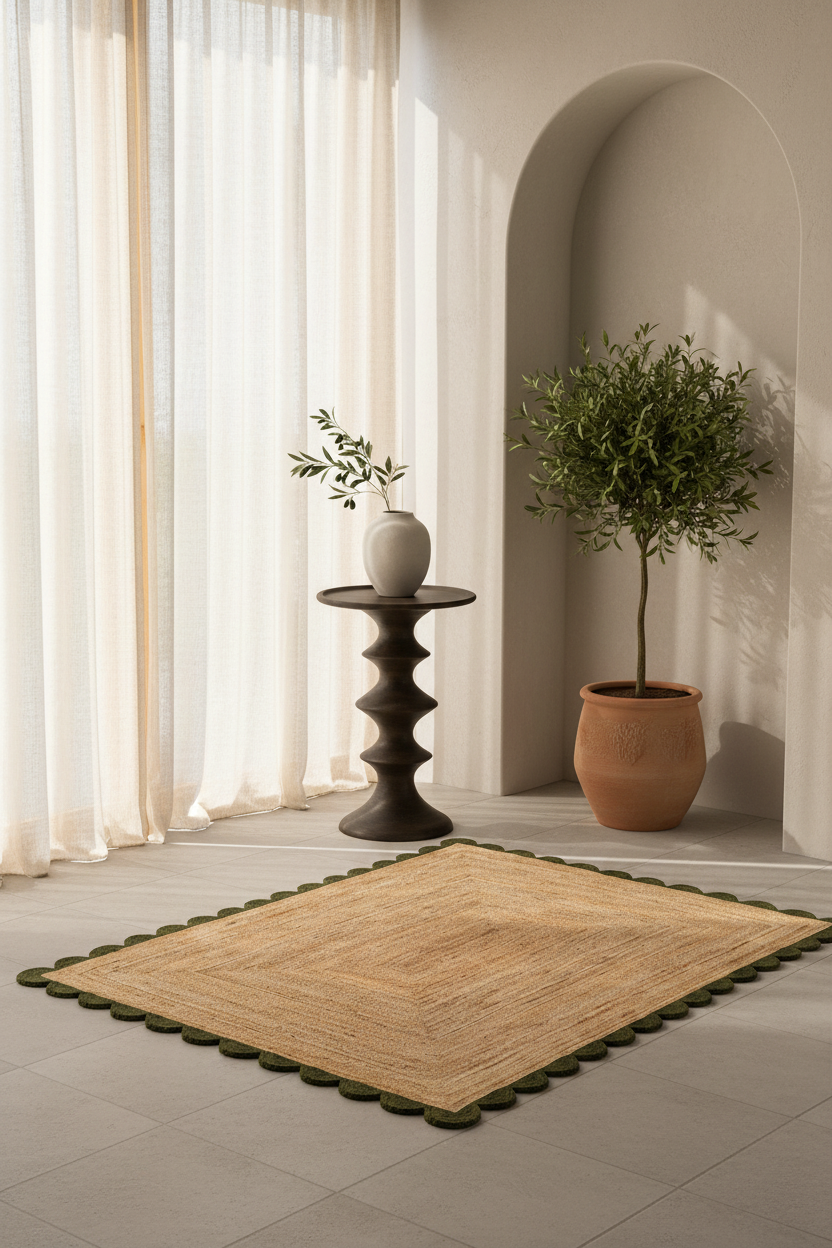 A square natural jute rug with a scalloped olive green border, styled in a bright, modern minimalist room with a potted plant, a small side table, and sheer curtains.