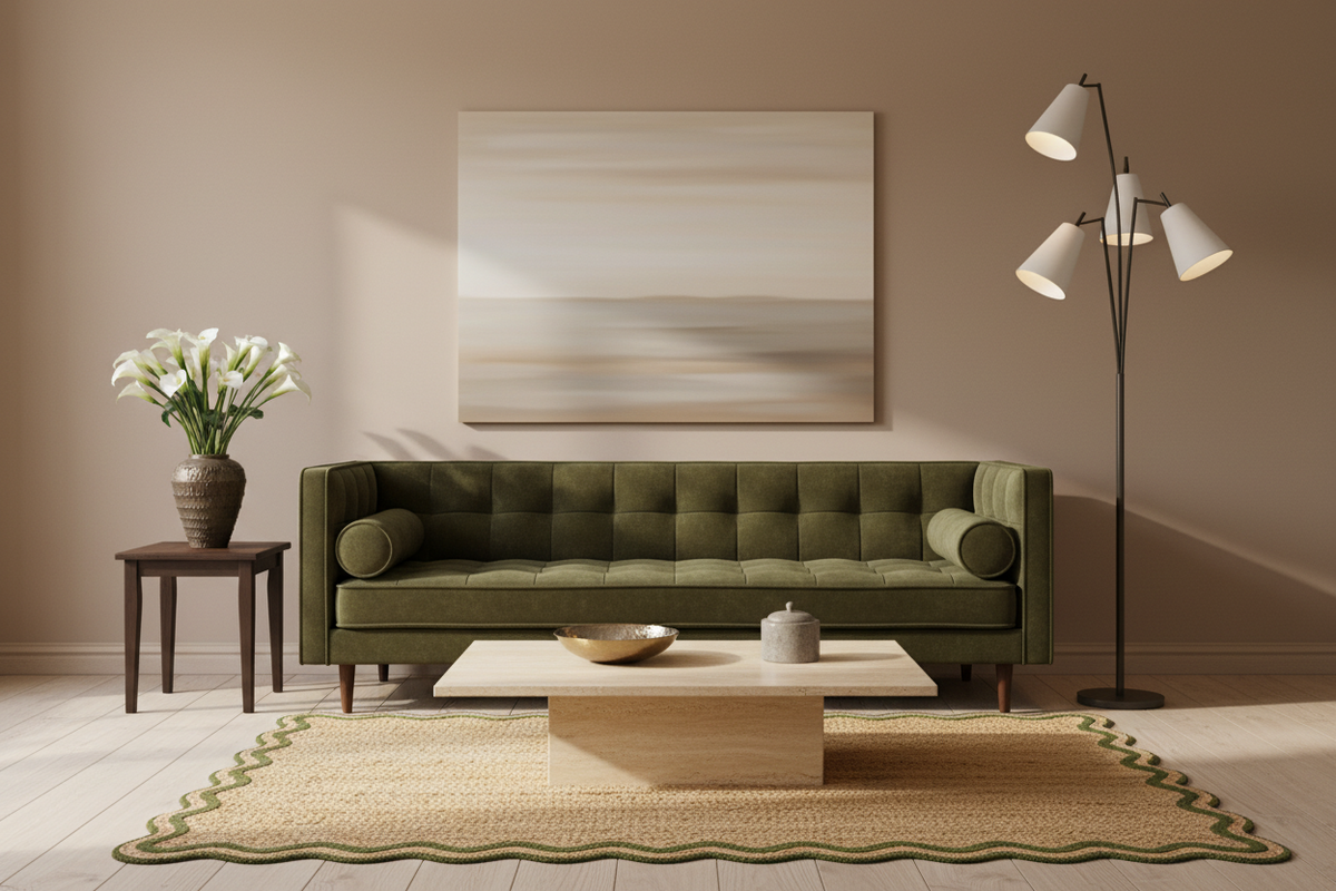 A styled living room scene featuring an olive green tufted sofa as the main product, placed on a woven rug with a wooden coffee table, a side table with white flowers, a black multi-light floor lamp, and a large abstract wall art piece above.