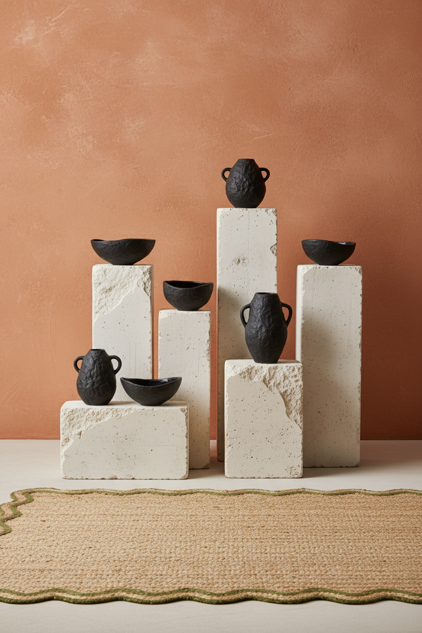 A styled arrangement of matte black ceramic vessels, including small bowls and a pitcher, displayed on textured white stone plinths against a warm terracotta background with a woven rug in the foreground.